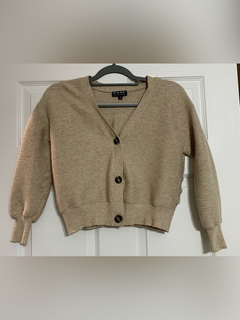 Poof! Cropped Tan Ribbed V-Neck Button Cardigan